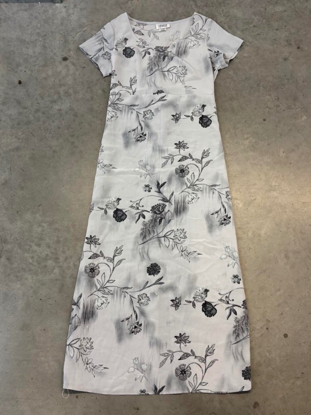 90s Vintage Sense light blue & gray floral maxi dress tie with short sleeves